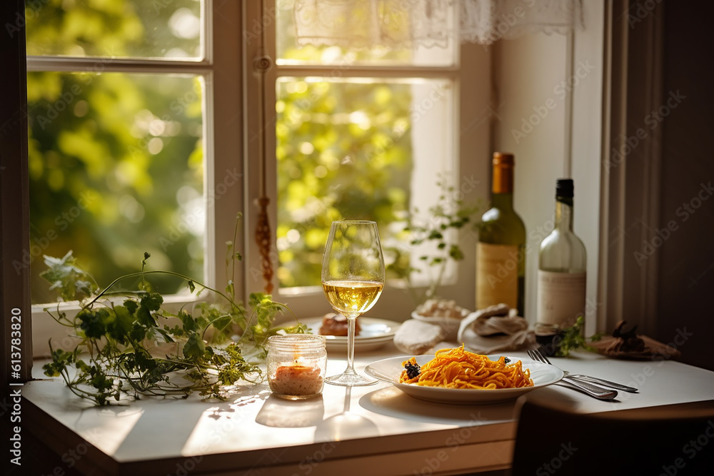 Generative AI - A plate with pasta served for lunch on the table near the window Generative AI - A plate with pasta served for lunch on the table near the window