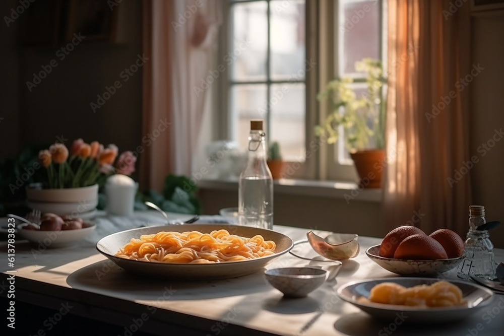 Generative AI - A plate with pasta served for lunch on the table near the window Generative AI - A plate with pasta served for lunch on the table near the window