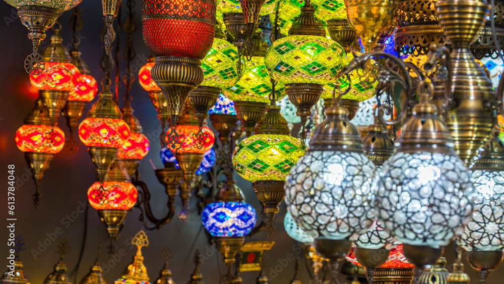 Mosaic lamps. Traditional Turkish handmade mosaic lamps in Grand Bazaar Istanbul. Decorative ornaments. Selective focus included.