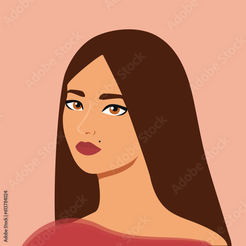 Portrait of a beautiful half turn girl with a beauty spot. Vector illustration in flat style