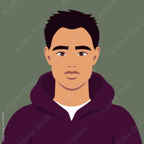 Young man with short black hair in a purple hoodie. Portrait of an abstract guy. Full face abstract male avatar in flat style