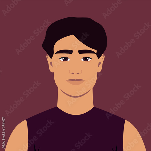 Young man with curly black hair in a purple shirt. Portrait of an abstract guy. Full face abstract male avatar in flat style