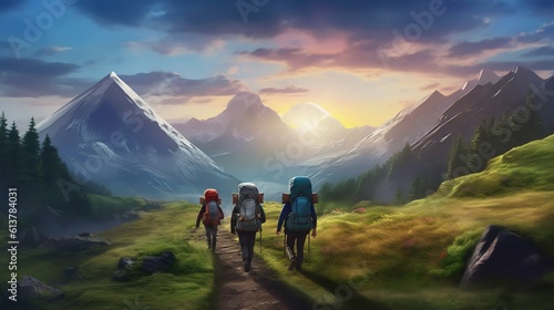 Mountain Trail: Group of Hikers Setting Off on Their Journey. Generative ai © Scrudje