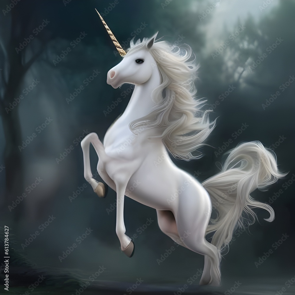 Fototapeta premium White unicorn on hind legs