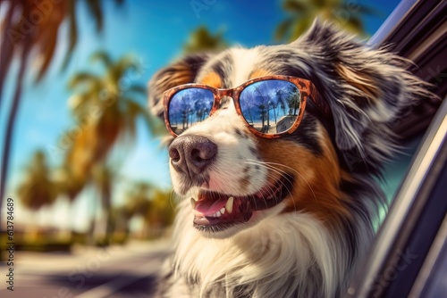 Australian shepherd dog aussi in sunglasses in the car on summer vacation. Traveling with a dog. Sun is shining, palms at background. No people. Generative AI