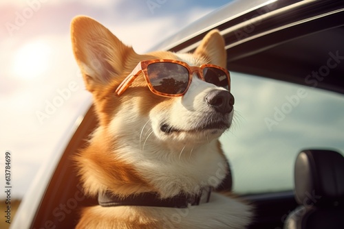 Red corgi in sunglasses in the car on summer vacation. Traveling with a dog. Sun is shining. No people. Generative AI
