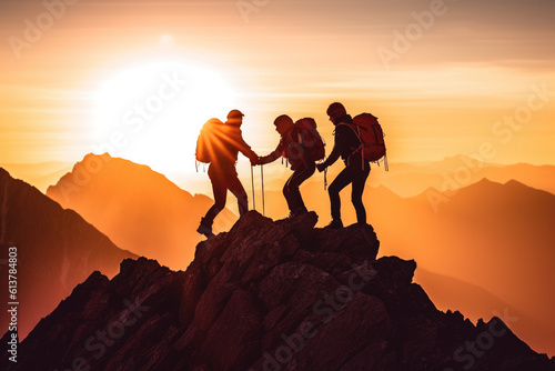 Teamwork help and assistance concept. Silhouettes of people climbing on mountain and helping. © STORYTELLER