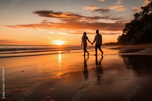 Couple Holding Hands Walking Along a Beach at Sunset. Generative ai