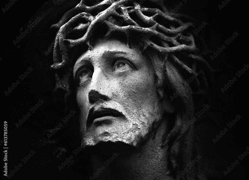 Macro image of face of Jesus Christ crown of thorns (statue)