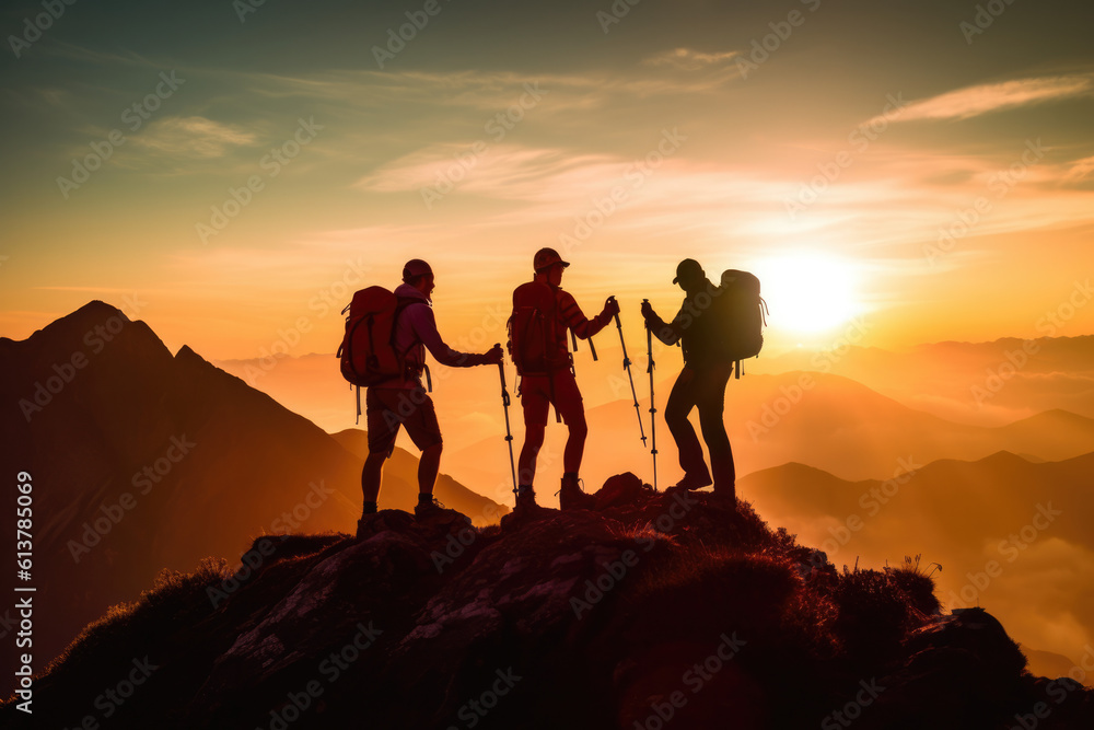 Teamwork help and assistance concept. Silhouettes of people climbing on mountain and helping.