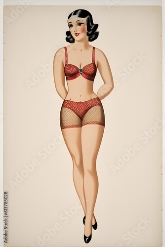 A painting of a Vintage 1930s woman in underwear. A page out of a catalogue. (AI-generated fictional illustration)