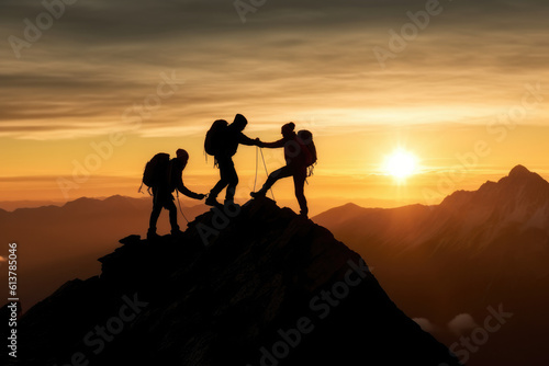 Teamwork help and assistance concept. Silhouettes of people climbing on mountain and helping. © STORYTELLER