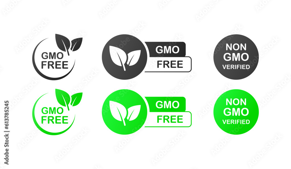 Free GMO. Different styles, colorful, non-gmo products, non-gmo. Vector icons. - obrazy, fototapety, plakaty 