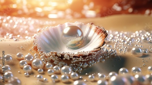 The pearls in the mussel shells on the sea floor glow softly,AI generated.