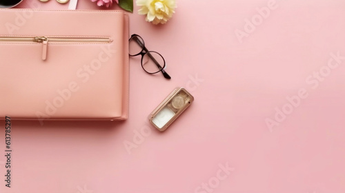 Fashion woman accessories on pastel background. Stylish hand bag, cosmetics, jewelry and notebook, top view, flat lay