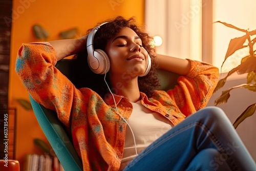 Young woman in headphones listening to music at home. Girl sitting on  sofa