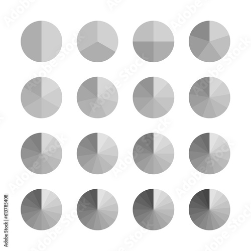 Ring section template in shades of gray colors. Piechart with segments and slices. Circular structure chart. Circle graph. Pie diagram. Set schemes with sectors. Vector illustration
