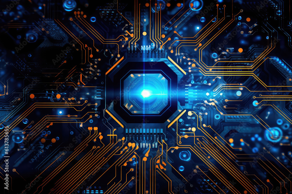 Electronic circuit chip board closeup wallpaper. Blue gold background of computer motherboard. Generative AI 3d render illustration imitation.