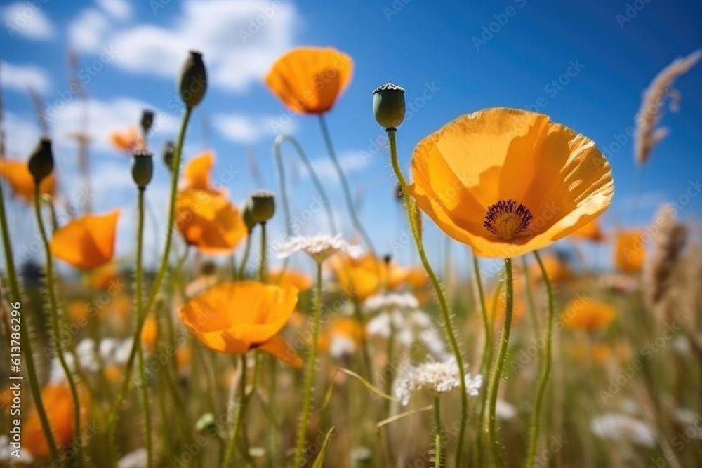 field of red poppies against blue sky background. AI Generative field of red poppies against blue sky background. AI Generative