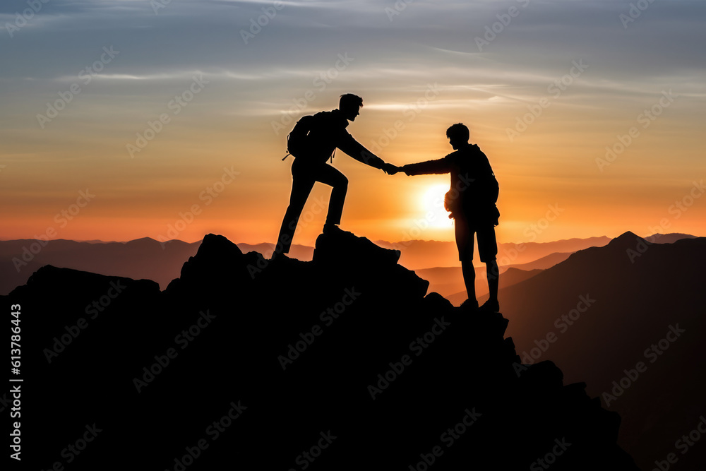 teamwork Help and assistance concept. Silhouettes of people climbing on mountain and helping