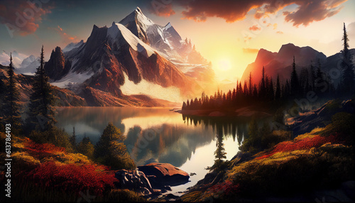 Beautiful nature view with mountains and lake. For backgrounds related to nature.