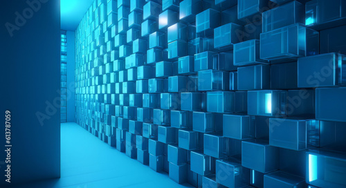 a big row of blue squares on wall  in the style of crystal cubism  lightbox  3d 