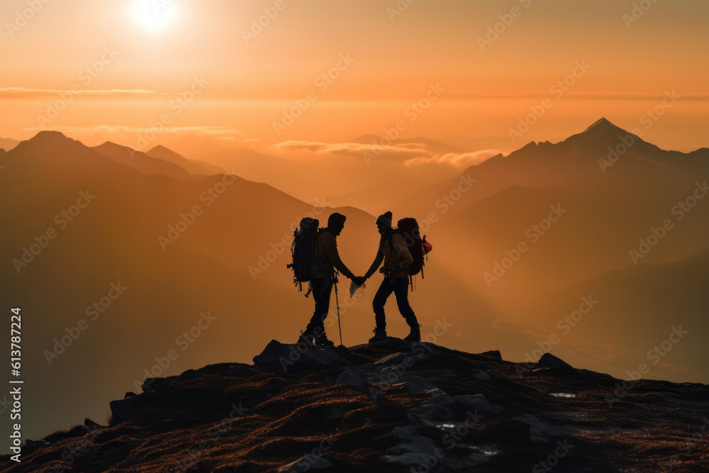 teamwork Help and assistance concept. Silhouettes of people climbing on mountain and helping