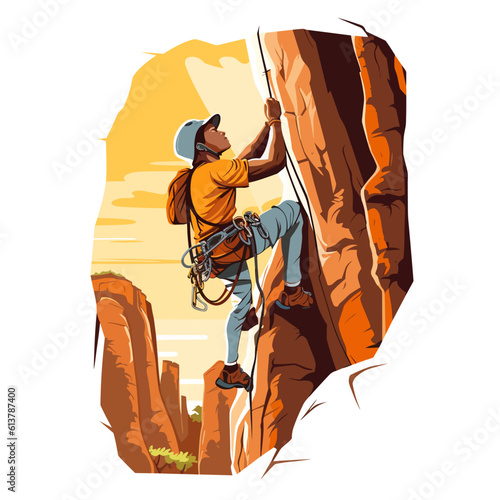 Man climbs up mountain, climber on rock wall at sunset. Cartoon vector illustration. isolated background