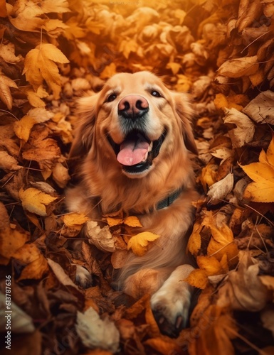Golden Retriever Dog Relaxing in Autumn Leaves. Generative ai