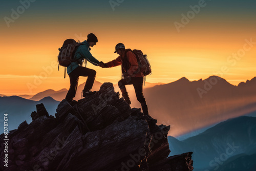 teamwork Help and assistance concept. Silhouettes of people climbing on mountain and helping © STORYTELLER