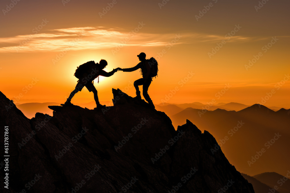 teamwork Help and assistance concept. Silhouettes of people climbing on mountain and helping