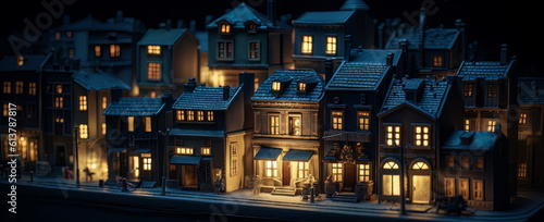large street lights and houses in the city, in the style of miniature illumination, light gold and dark azure