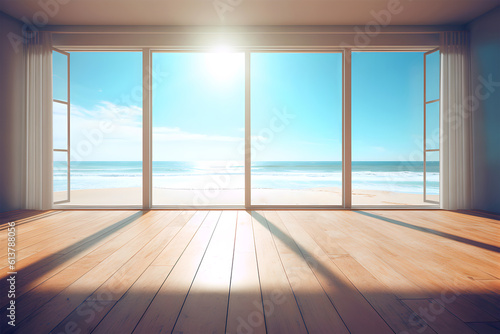 Creative interior concept. Wide large window oak wooden room gallery opening to beach sunny blue skies landscape. Template for product presentation. Mock up 