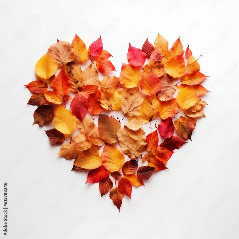 Fototapeta premium Heart-Shaped Autumn Leaves on White Background. Generative ai
