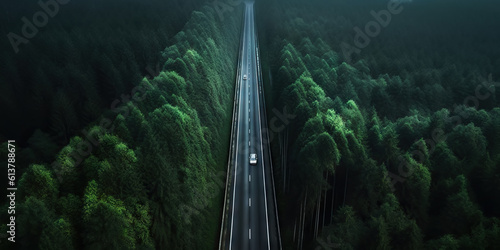 Minimalistic empty highway in the forest. Road surrounded with trees. Travel concept. Generative AI