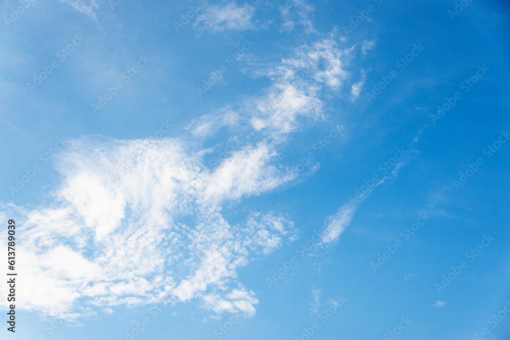 Scattered cloud clusters in a blue sky, blue sky background with white clouds.