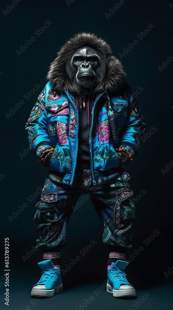 Gorilla Wearing Large Hip-Hop Clothes from 1980s and Sneakers. Generative ai