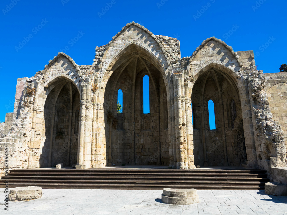 Naklejka premium Front view at Ruins of the choir of the gothic church of the Virgin of the Burgh. Medieval city of Rhodes, Greece