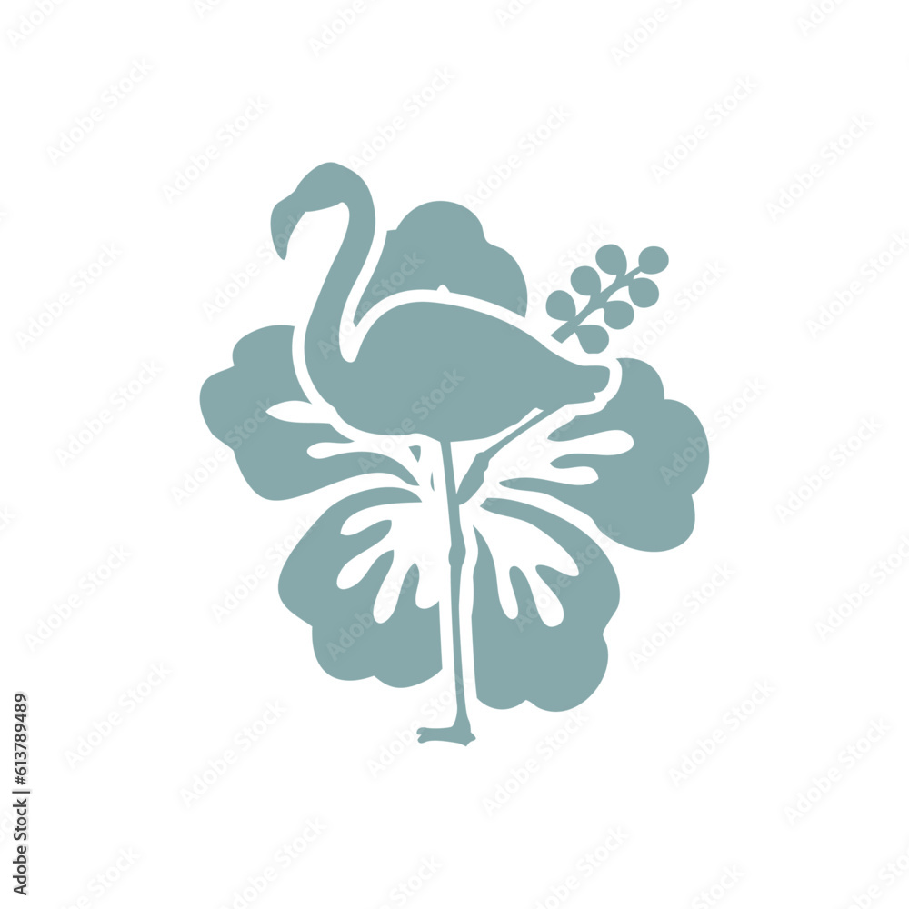 Logo vacaciones en paraíso tropical. Silueta de flamingo con flor de hibisco Logo vacaciones en paraíso tropical. Silueta de flamingo con flor de hibisco