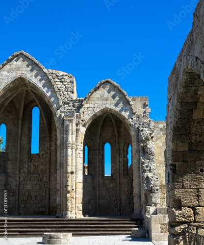Front view at Ruins of the choir of the gothic church of the Virgin of the Burgh. Medieval city of Rhodes, Greece