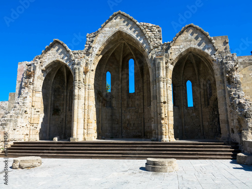 Front view at Ruins of the choir of the gothic church of the Virgin of the Burgh. Medieval city of Rhodes, Greece