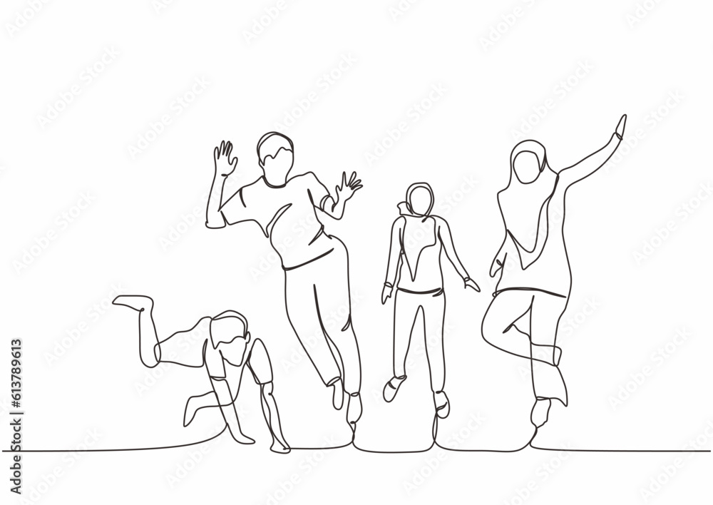 One line drawing of group of men and women jumping together showing their friendship isolated on white background.