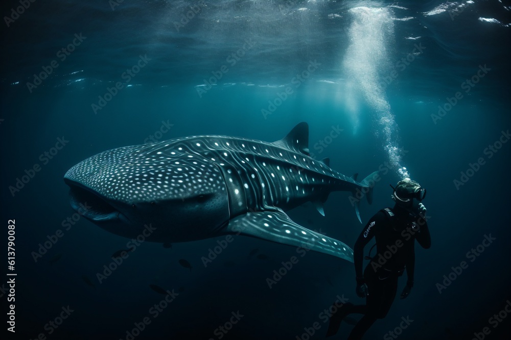 A diver swimming alongside a massive, but gentle, whale shark, the patterned skin of the creature contrasting with the clear blue water . Generative AI A diver swimming alongside a massive, but gentle, whale shark, the patterned skin of the creature contrasting with the clear blue water . Generative AI