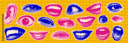 Big trendy halftone collage sticker set. Halftone lips, eyes, ear in vibrant blue and pink colors. Retro template for banner, poster, card. Contemporary vector illustration.	