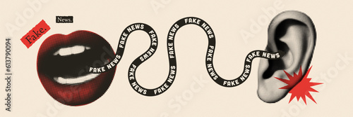 Fake news banner. Halftone mouth and ear. Collage style. Vintage trendy style. Vector illustration.