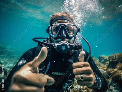 A diver smiling and giving a thumbs-up, bubbles escaping from their regulator, surrounded by the clear blue ocean . Generative AI © XtravaganT