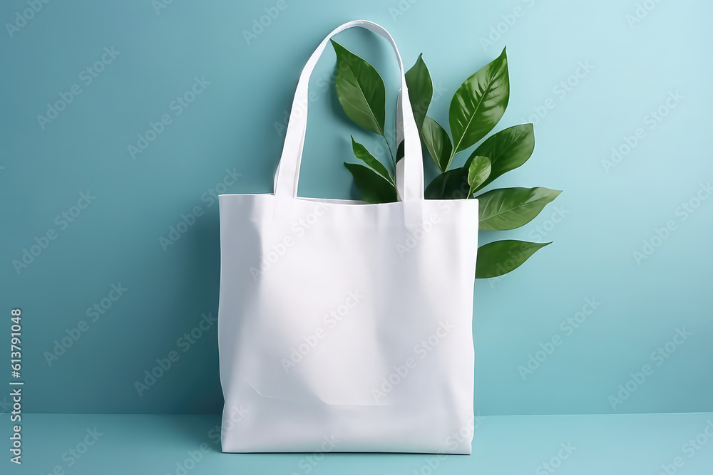 Mockup for design of white canvas shopper bag with green plant leaves isolated on pastel blue background with copy space. Eco-friendly plastic free bag template. Generative AI 3d render. - obrazy, fototapety, plakaty 