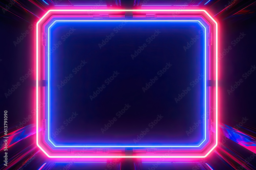 A blank blue red neon frame against a black background with negative space as copy space advertising products or advertising prizes. A blank blue red neon frame against a black background with negative space as copy space advertising products or advertising prizes.