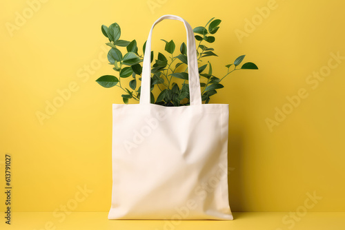 Mock up for design of white canvas shopper bag with green plant leaves isolated on flat yellow background with copy space. Eco-friendly plastic free bag template. Generative AI 3d render. photo