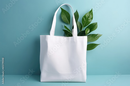 Mockup for design of white canvas shopper bag with green plant leaves isolated on pastel blue background with copy space. Eco-friendly plastic free bag template. Generative AI 3d render.
